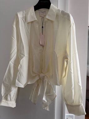 Cream Mariana top Tie-Front Satin silk Blouse size XL